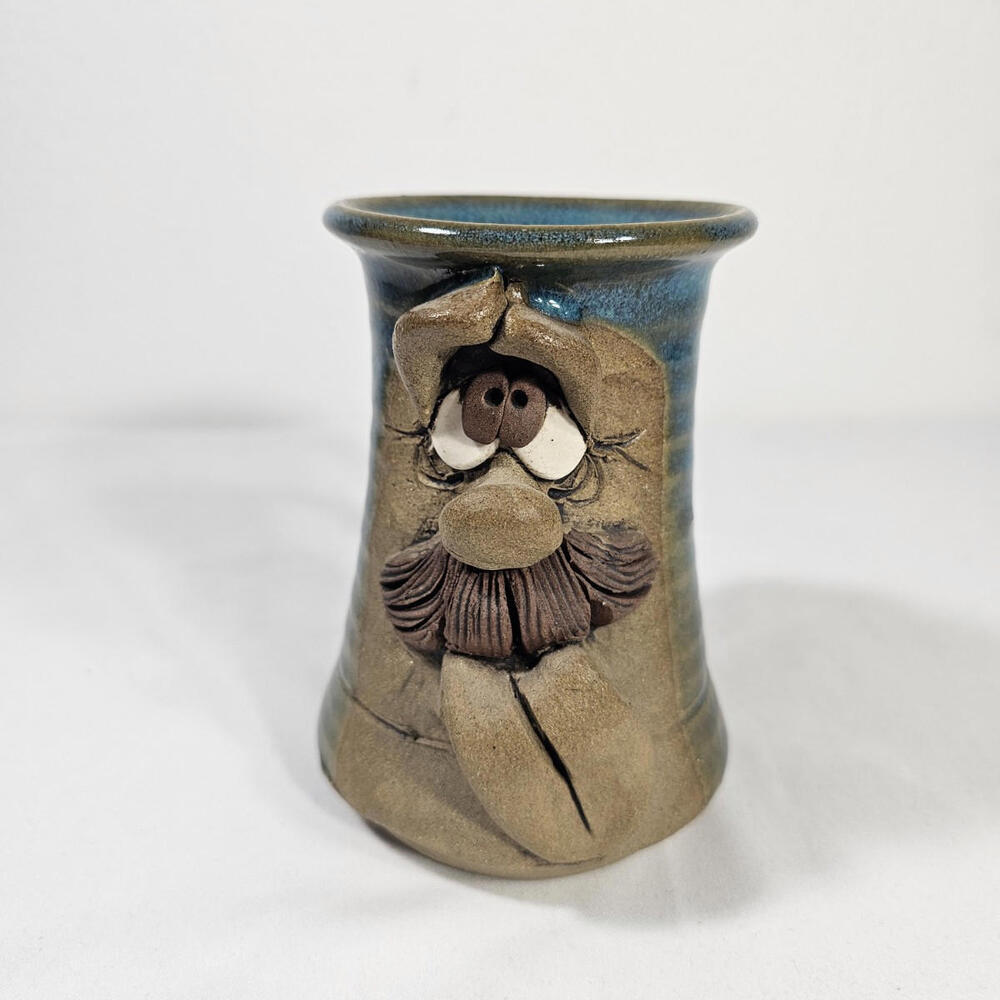 Vintage 1970s 3D Handmade Pottery Ugly Face W/Mustache Coffee/Tea Mug Decorative - Picture 6 of 8